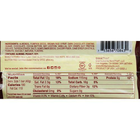 Think Products Thin Crunch Bar - Chocolate Dipped Nut - Case of 10 - 1.41 oz