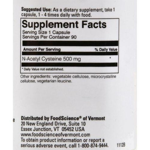 FoodScience of Vermont N-Acetyl Cysteine - 500 mg - 90 Vegetarian Capsules