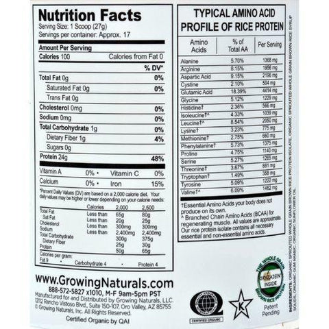 Growing Naturals Organic Raw Rice Protein - Original - 16.2 oz