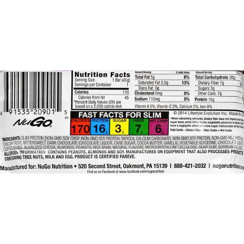 NuGo Nutrition Bar - Slim - Espresso - 1.59 oz Bars - Case of 12