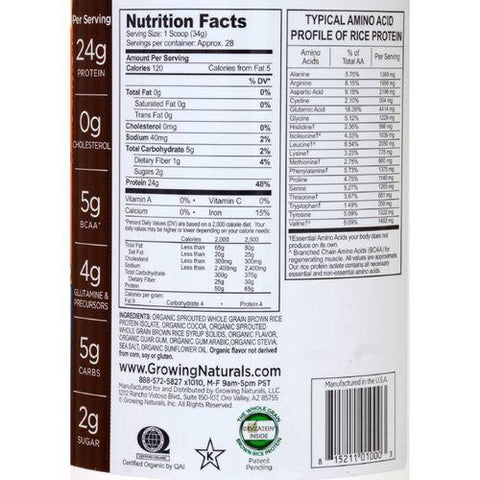 Growing Naturals Rice Protein Powder - Chocolate Power - 33.6 oz