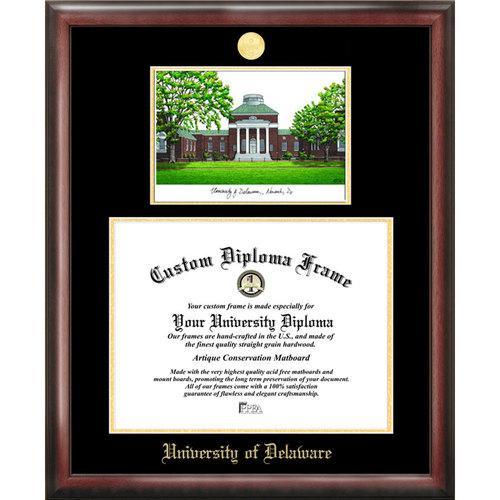 University of Delaware Gold embossed diploma frame with Campus Images lithograph