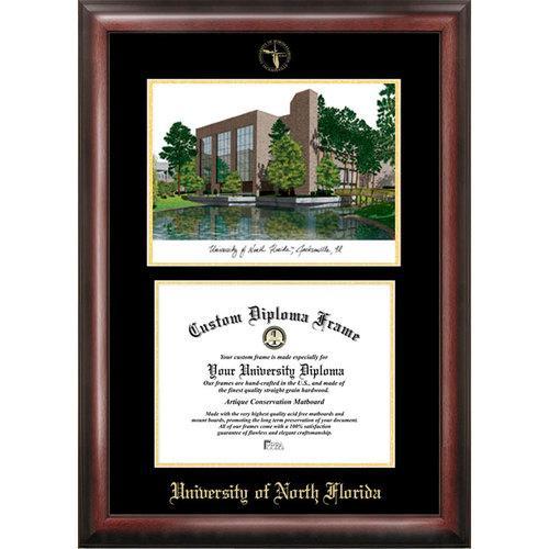 University of North Florida Gold embossed diploma frame with Campus Images lithograph