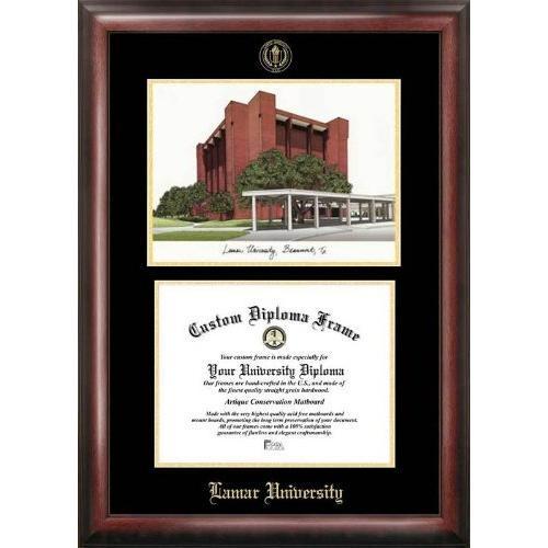 Lamar University Gold embossed diploma frame with Campus Images lithograph